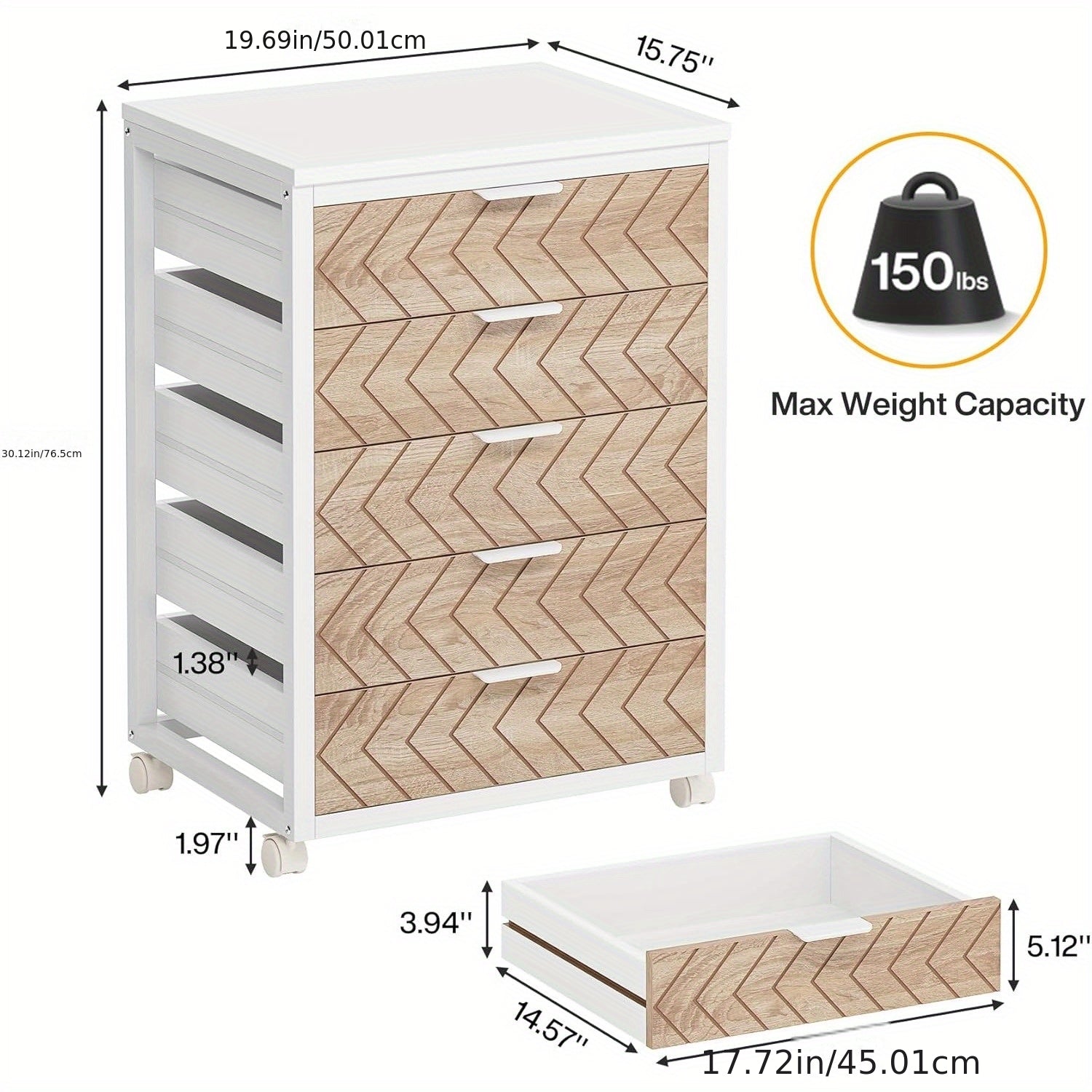 5-Drawer Beige & White Wood Mobile File Cabinet, Industrial Rolling Printer Stand with Herringbone Pattern for Home Office Storage, Durable Engineered Wood Design