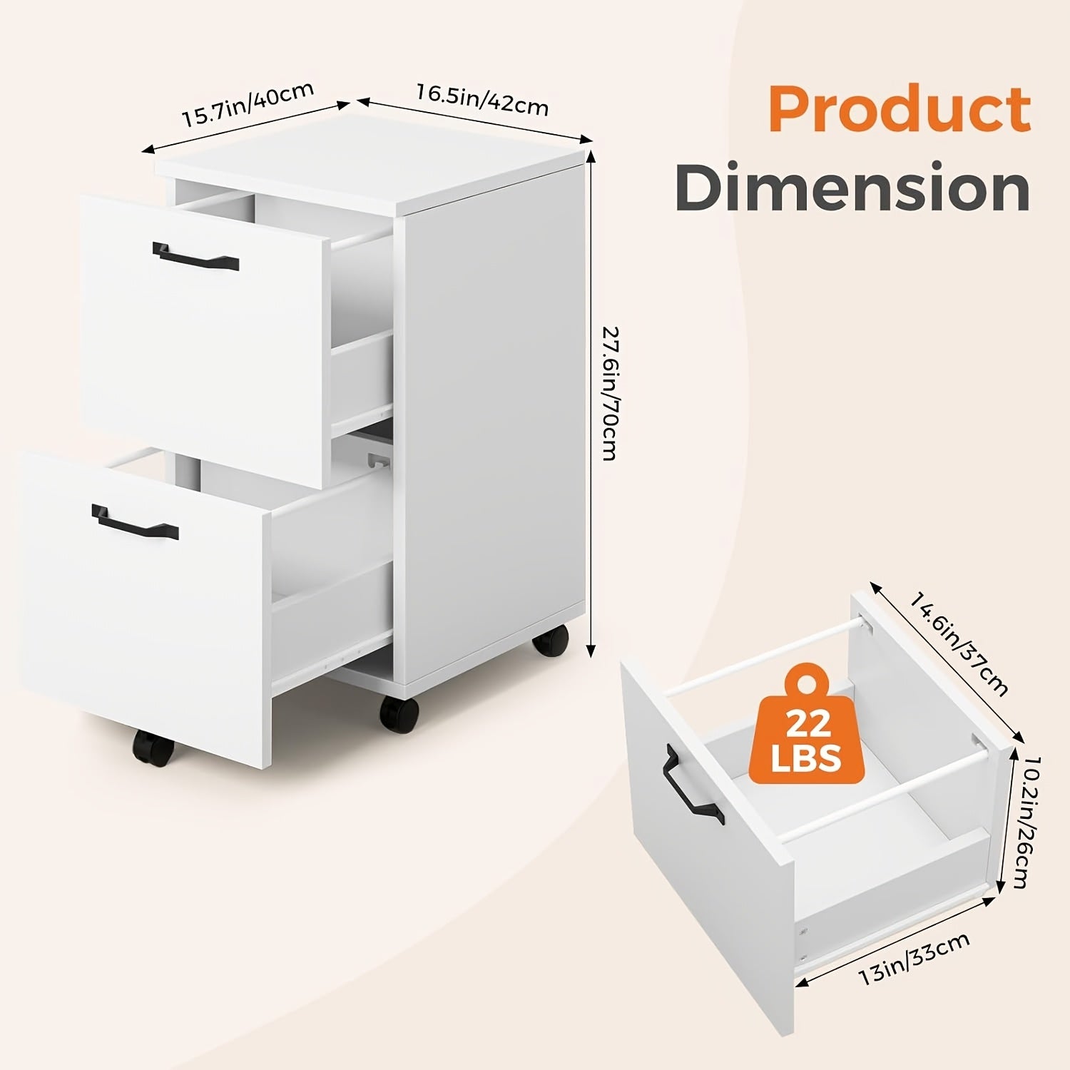 28Inch 2-Drawer Rolling File Cabinet with Lockable Wheels - Mobile Wooden Printer Stand & Under Desk Storage Organizer for A4, Letter, And Legal Size Documents, White Black
