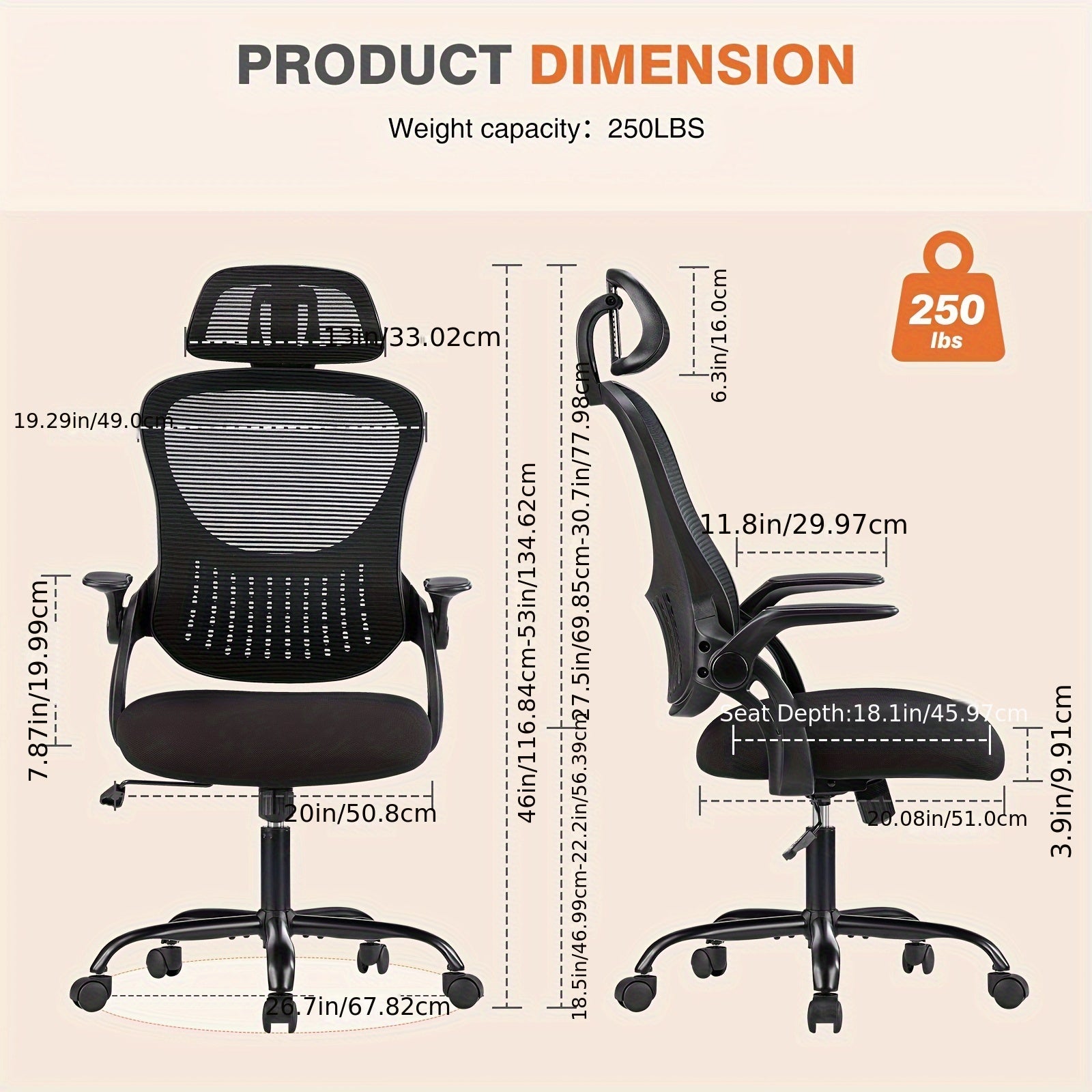 Ergonomic High Back Mesh Chair with Adjustable Headrest, Flip-up Armrests And Lumbar Support-Stainless Steel Frame, Comfortable Padded Seat On 5 Wheels for Easy Mobility-Ideal for Lab Workers
