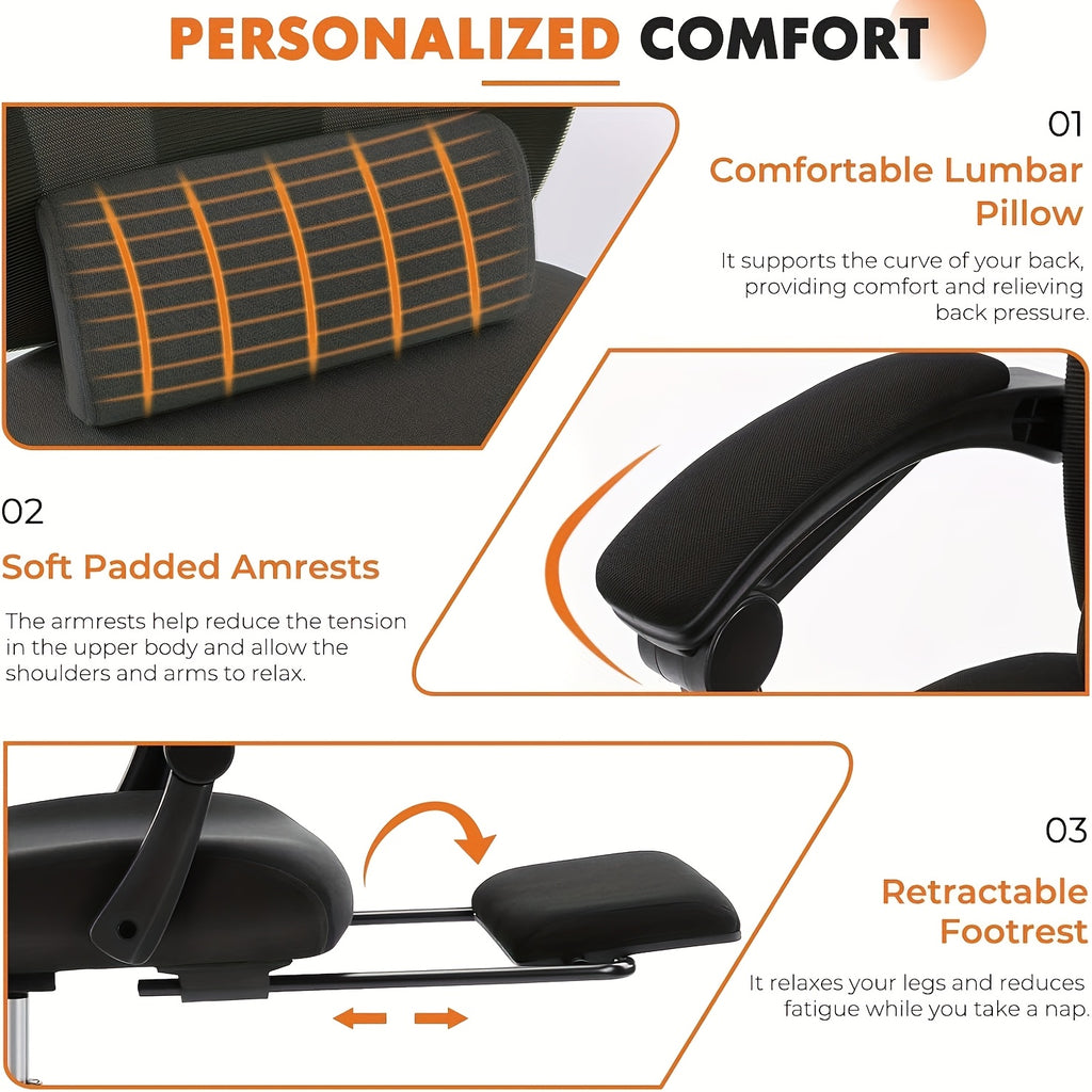 Ergonomic Office Chair - Adjustable Headrest & Backrest, Lumbar Support, Footrest - Comfortable For Home Office & Study