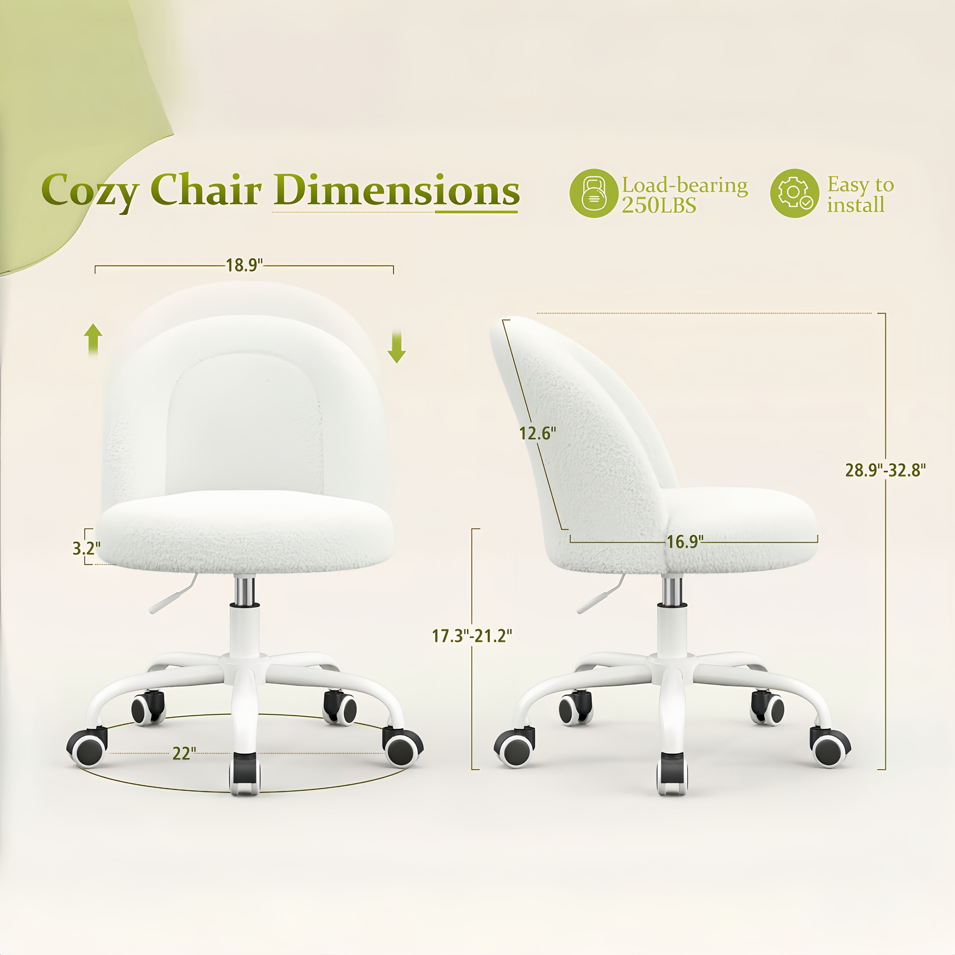 ENHOMEE Vanity Chair with Lumbar Support - Adjustable Swivel Armless Desk Chair, Teddy Fleece Cushion, Space-Saving Design for Home Office, Bedroom