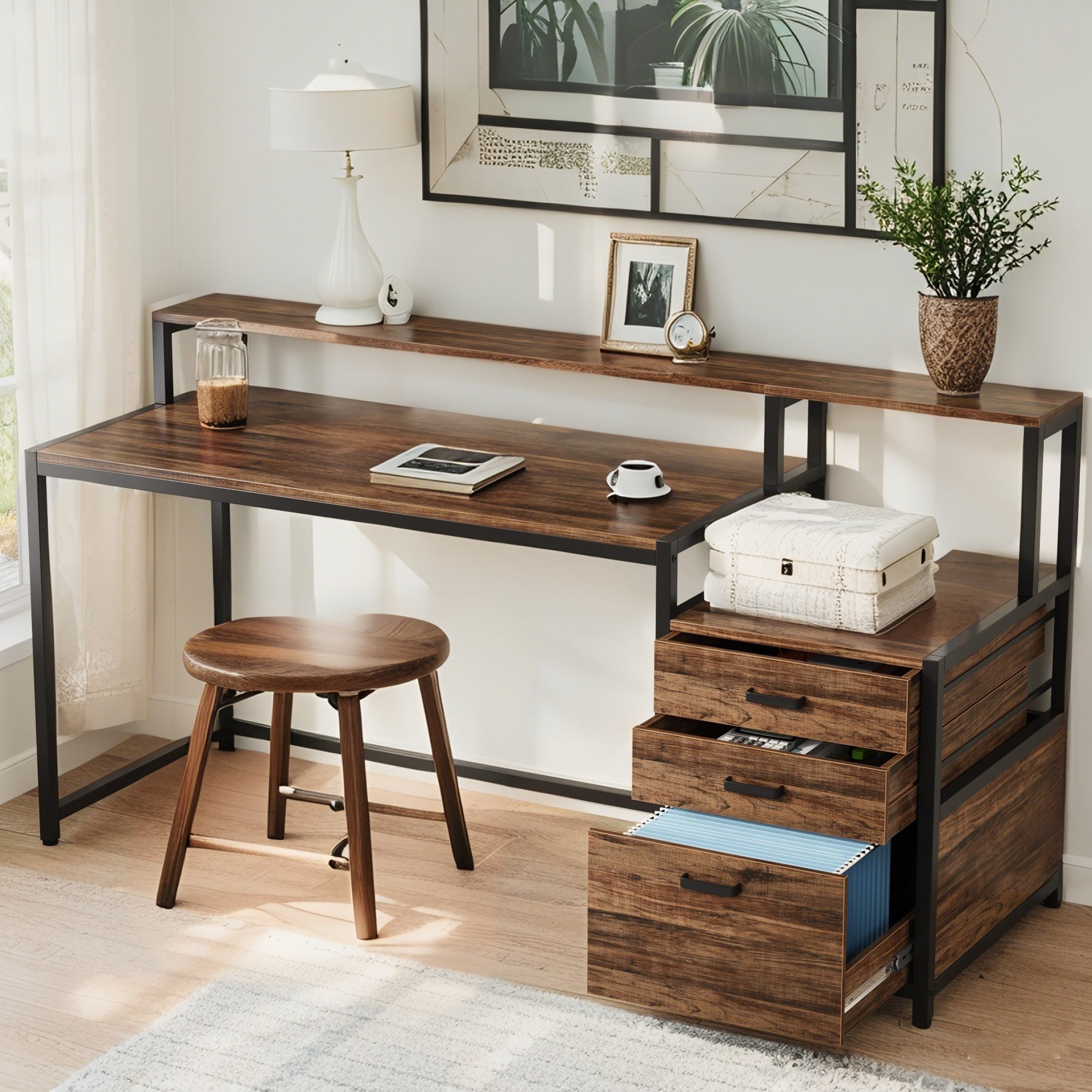 Computer Desk With Shelves And Drawers - 62.99 Inch Home Office Desk, Wooden Writing Desk With Monitor Stand