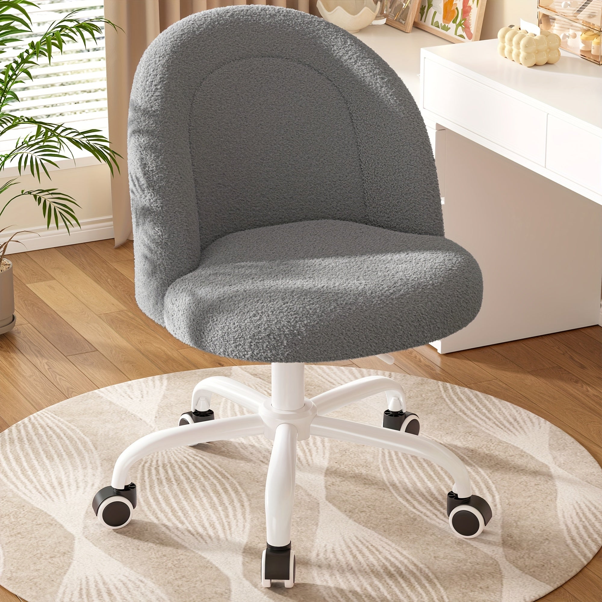 ENHOMEE Vanity Chair with Lumbar Support - Adjustable Swivel Armless Desk Chair, Teddy Fleece Cushion, Space-Saving Design for Home Office, Bedroom