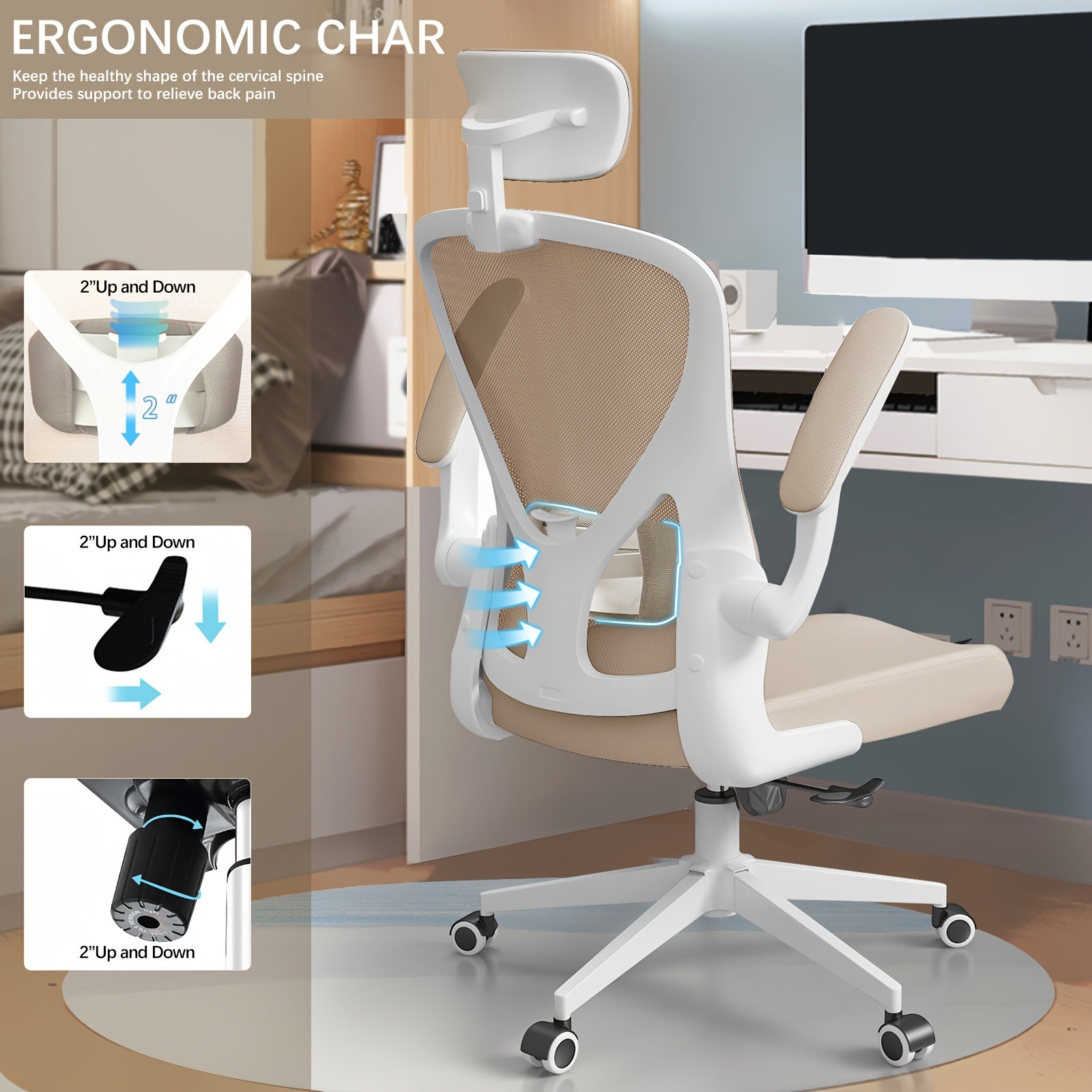 Ergonomic Office Chair Comfy Desk Chairs With Headrest And Lumbar Back Support, Heavy Duty Mesh Computer Chairs With Wheels And Arms For Home Office, Study, Bedroom And College Dorm