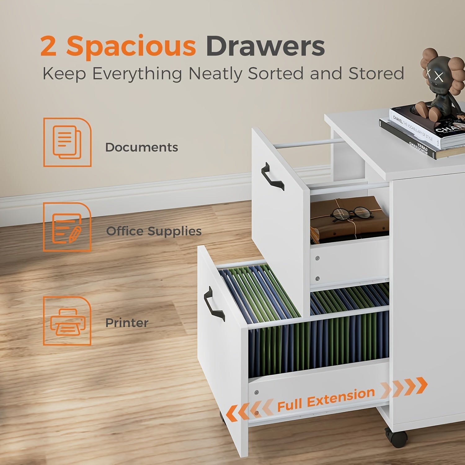 28Inch 2-Drawer Rolling File Cabinet with Lockable Wheels - Mobile Wooden Printer Stand & Under Desk Storage Organizer for A4, Letter, And Legal Size Documents, White Black