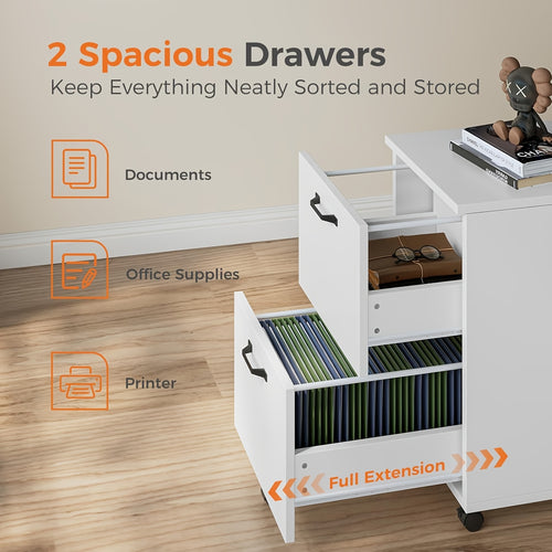 28Inch 2-Drawer Rolling File Cabinet with Lockable Wheels - Mobile Wooden Printer Stand & Under Desk Storage Organizer for A4, Letter, And Legal Size Documents, White Black