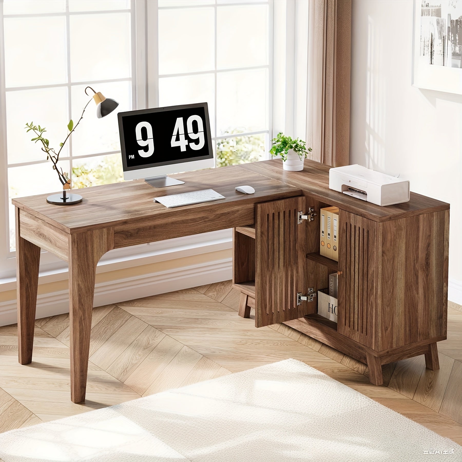 57-Inch Wooden L-Shaped Desk in the Corner for Computers, Study Writing Table Featuring Storage Shelves, Workstation with Cabinet Suitable for Home Office, in Walnut End