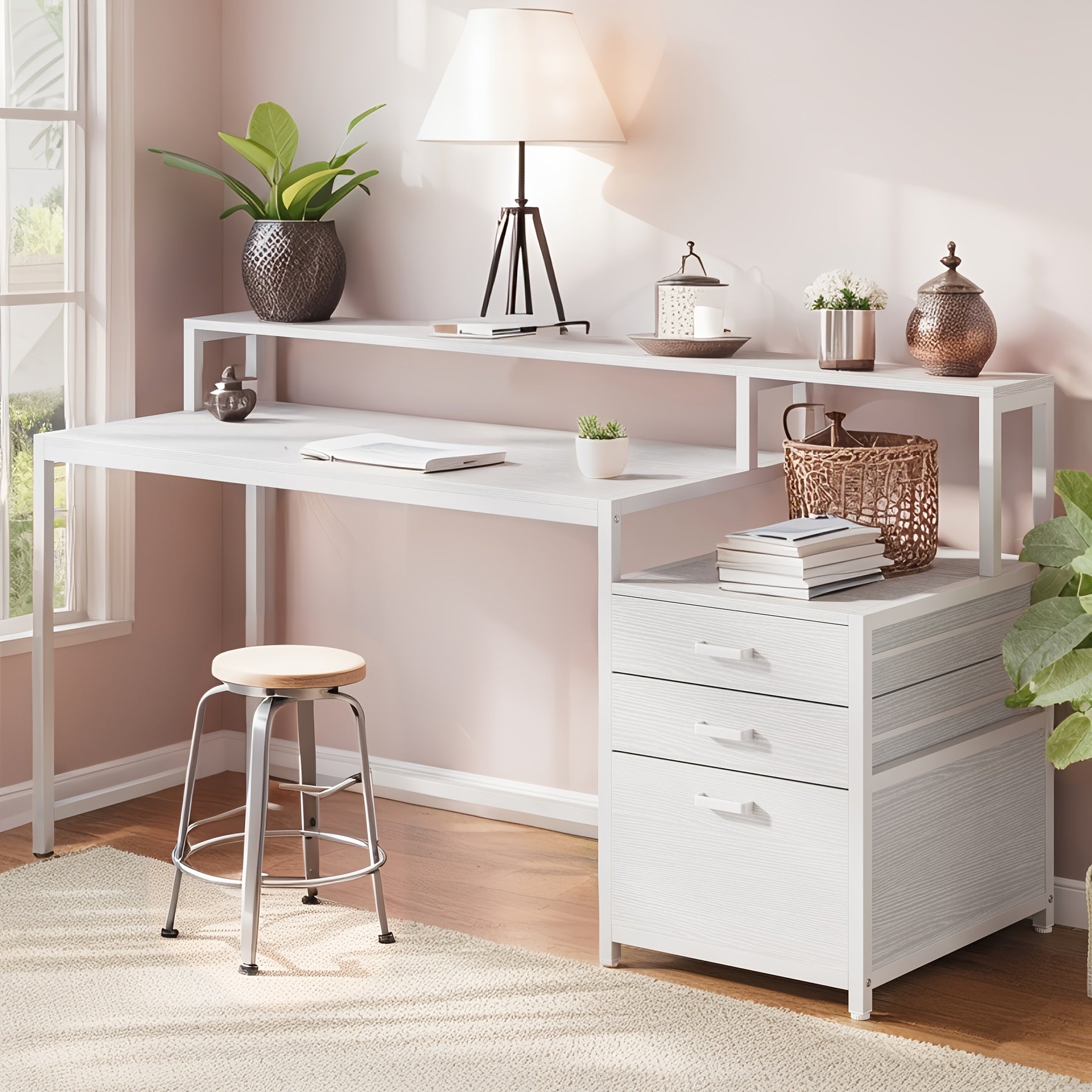 Computer Desk With Shelves And Drawers - 62.99 Inch Home Office Desk, Wooden Writing Desk With Monitor Stand