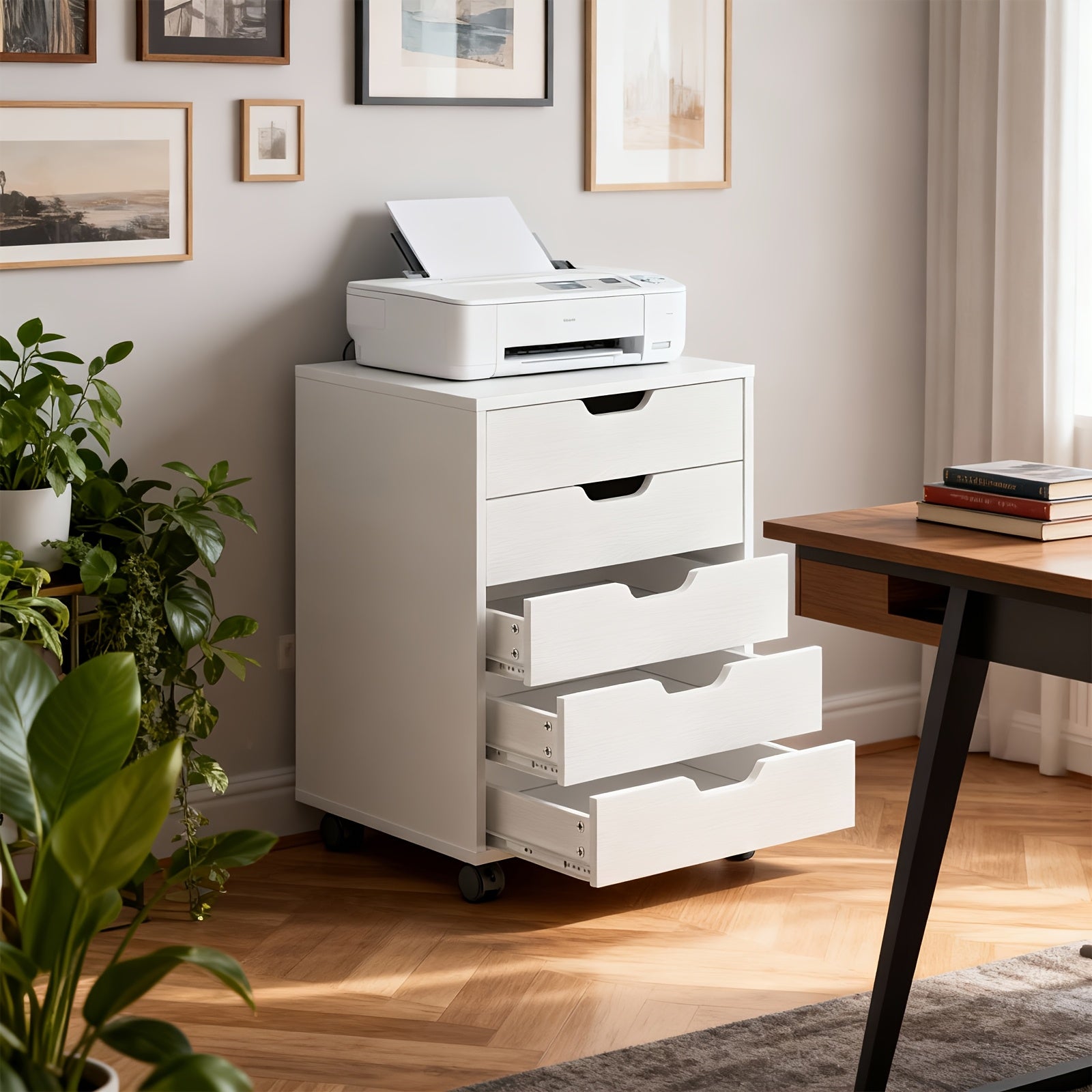 Bonnlo Wood Rolling File Cabinet with Wheels | Mobile Filing Chest with 5 Drawers, Under Desk Storage Organization Printer Stand for Home Office, Contemporary Style, Hardwood Material