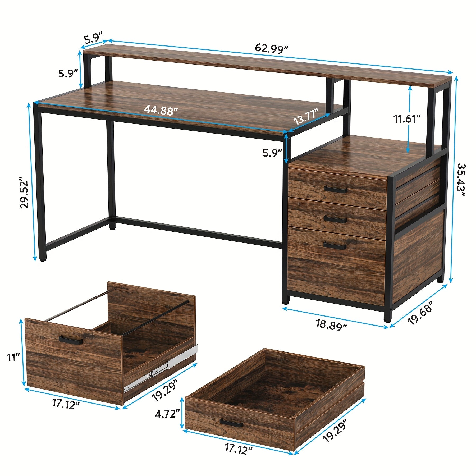 Computer Desk With Shelves And Drawers - 62.99 Inch Home Office Desk, Wooden Writing Desk With Monitor Stand