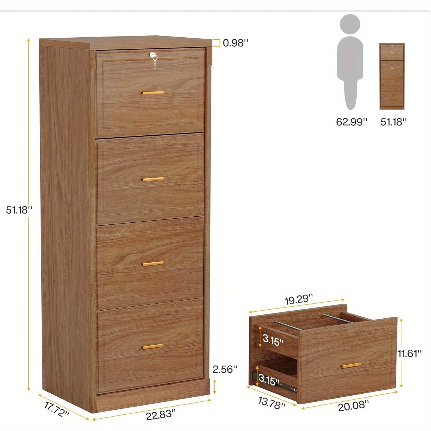 Brown Wooden File Cabinet with Lock, Secure Filing Cabinet with Key, Vertical Storage for Home Office, Accommodates Legal Size, Letter, And A4 Files