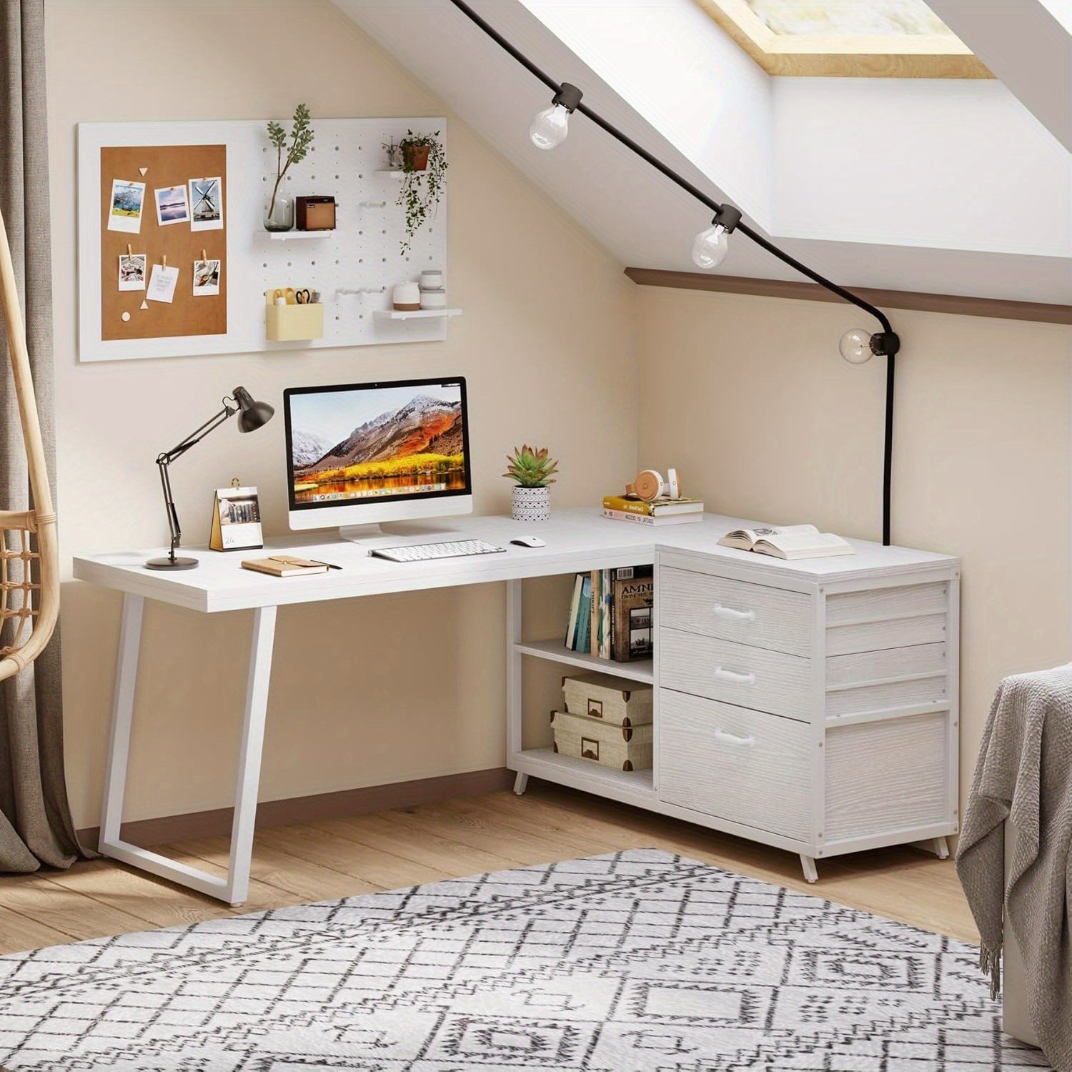 53-Inch L-Shaped Computer Desk with 3 Drawers & 2 Shelves, Reversible Corner Home Office Desk, Spacious Industrial Writing Table Workstation for Small Spaces, White, Sturdy Metal Frame & Particle Board, Desk Accessories Office