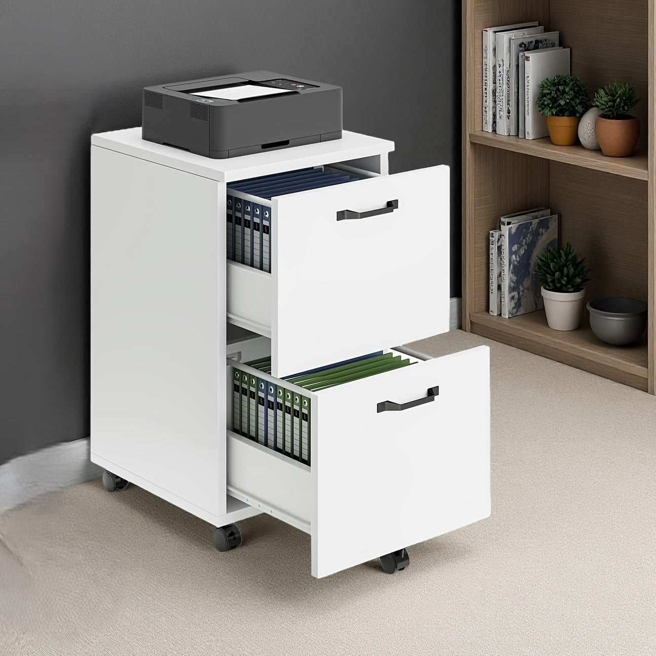 28Inch 2-Drawer Rolling File Cabinet with Lockable Wheels - Mobile Wooden Printer Stand & Under Desk Storage Organizer for A4, Letter, And Legal Size Documents, White Black
