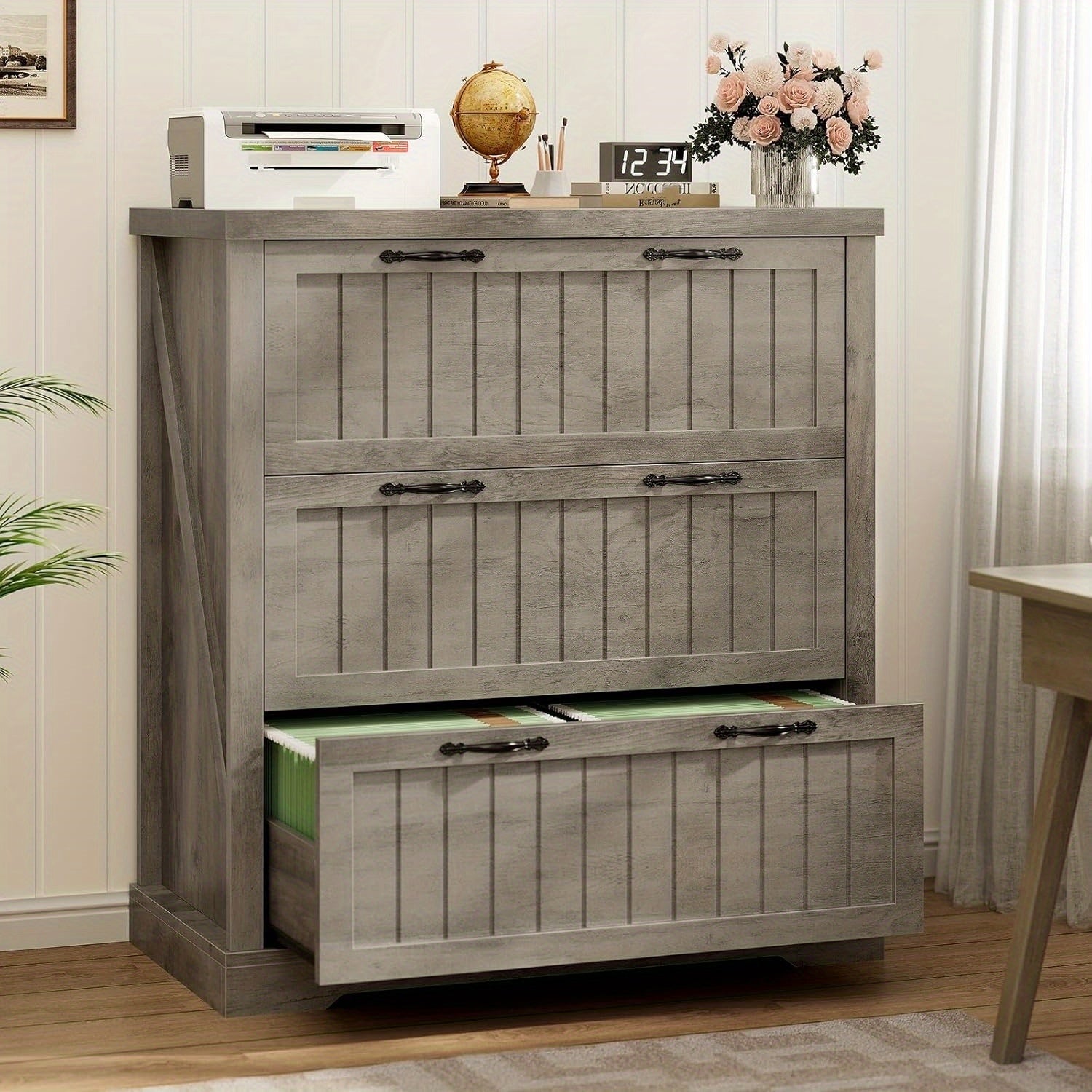 3 Drawer File Cabinet for Letter\u002FLegal\u002FA4 Size, Farmhouse Filing Cabinet, Lateral File Cabinet with Printer Stand for Home Office