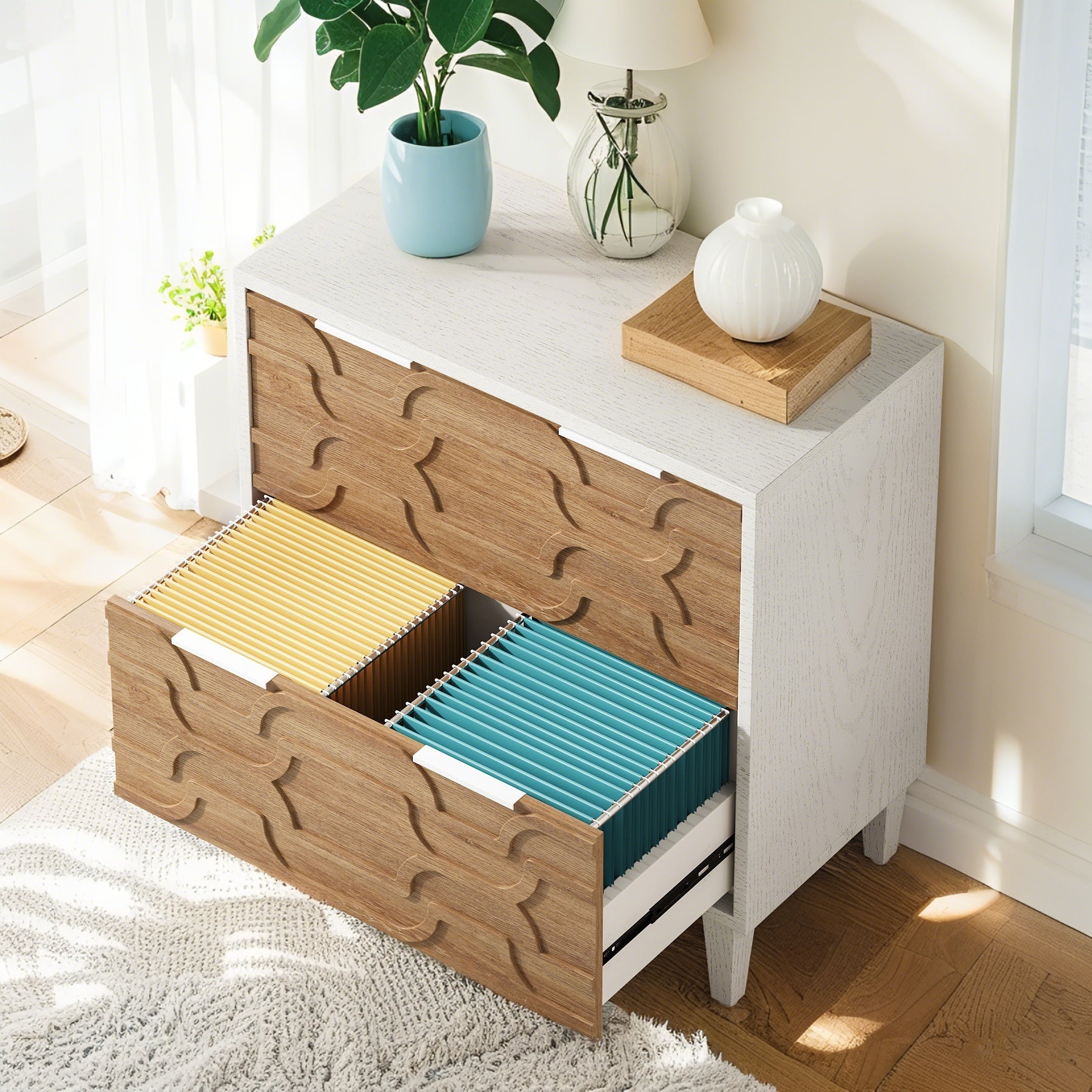 2 Drawer Wide Lateral File Cabinet, Wooden Filing Cabinet, Suitable for Home Office School Hanging Files Letter\u002FLegal\u002FF4\u002FA4 Size, Required-Assembly