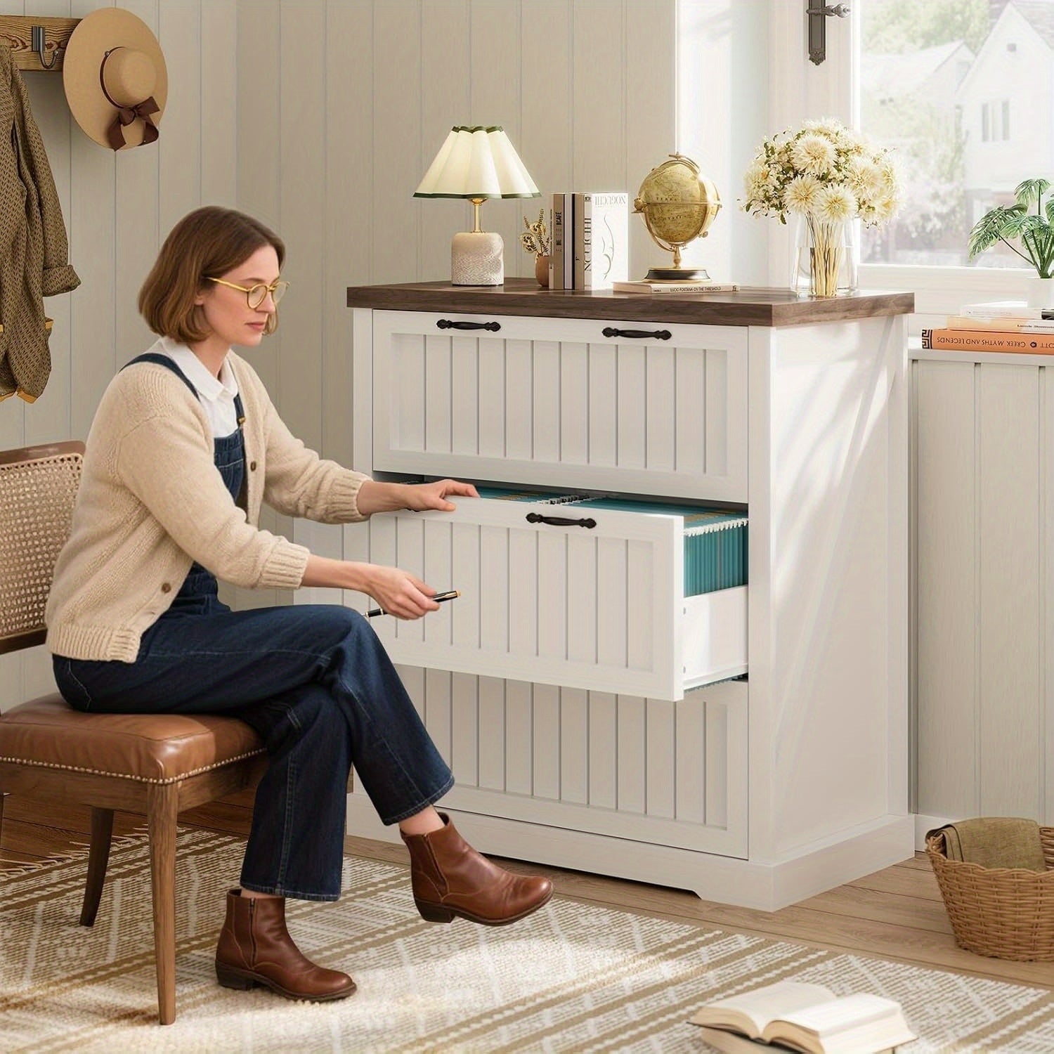 3 Drawer File Cabinet for Letter\u002FLegal\u002FA4 Size, Farmhouse Filing Cabinet, Lateral File Cabinet with Printer Stand for Home Office