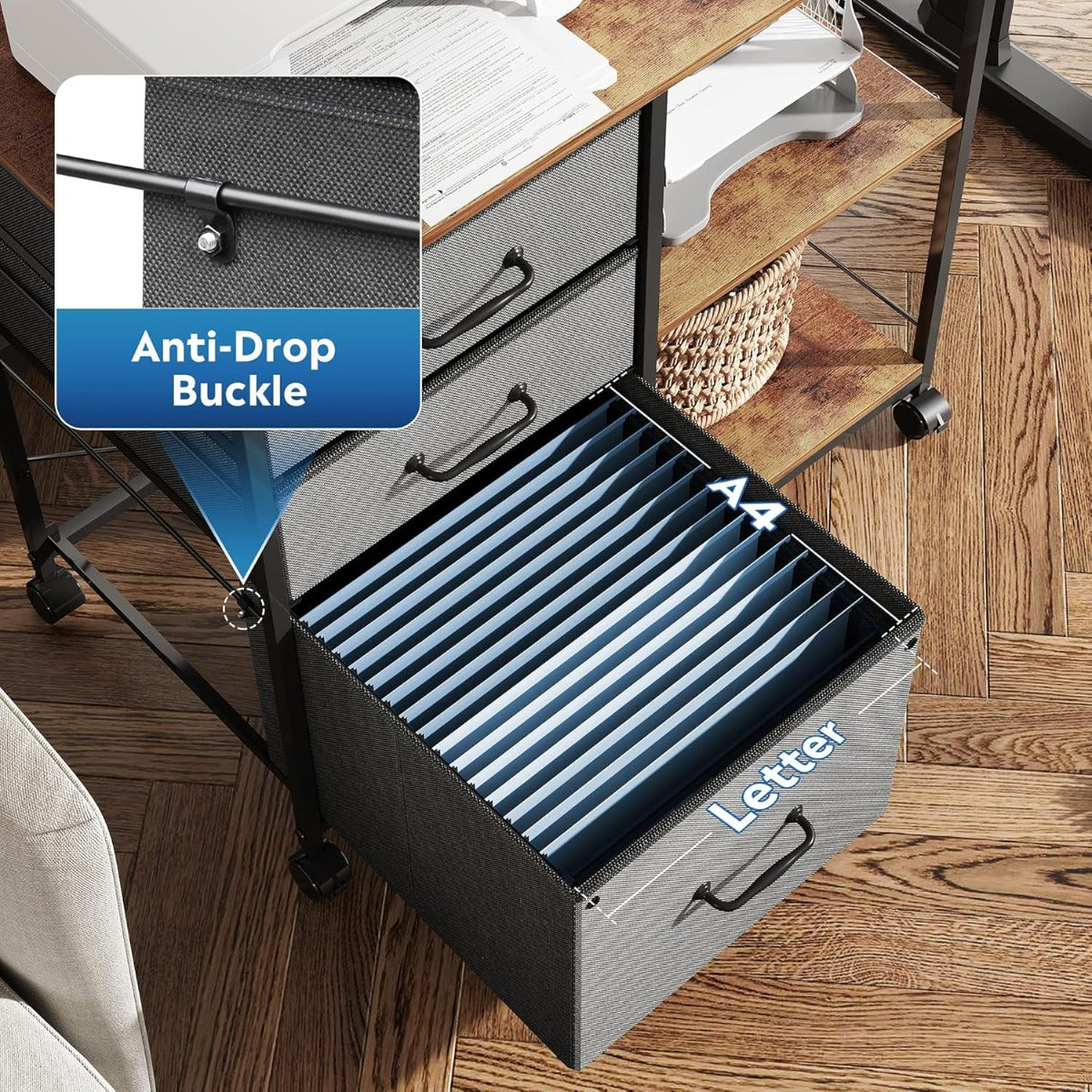 3 Drawer Mobile File Cabinet | Rolling Printer Stand with Open Storage Shelf, Fabric Lateral Filing Cabinet, Fits A4 or Letter Size, Espresso End, for Home Office