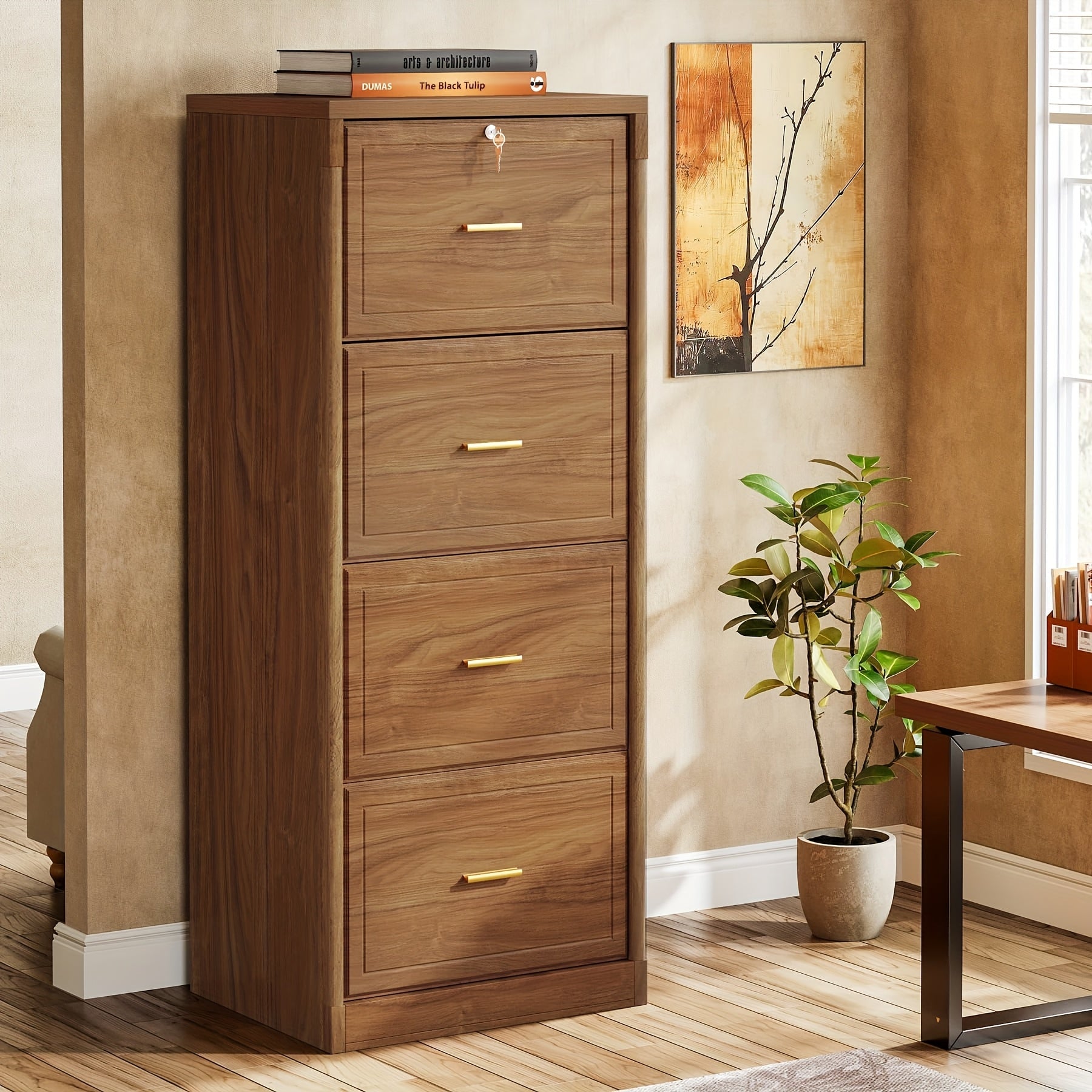 Brown Wooden File Cabinet with Lock, Secure Filing Cabinet with Key, Vertical Storage for Home Office, Accommodates Legal Size, Letter, And A4 Files