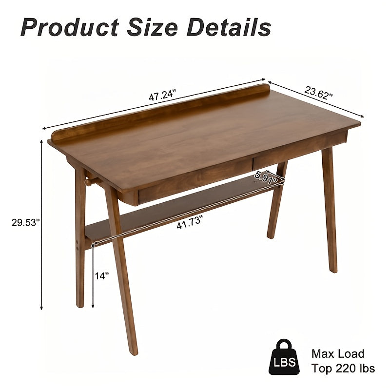 Solid Wood Writing Desk, Home Office Desk for Small Spaces, Mid-Century Modern Desk with 2 Drawers Storage Shelf, Standing Desk with Side Hooks for Study, Bedroom, Office (Walnut)