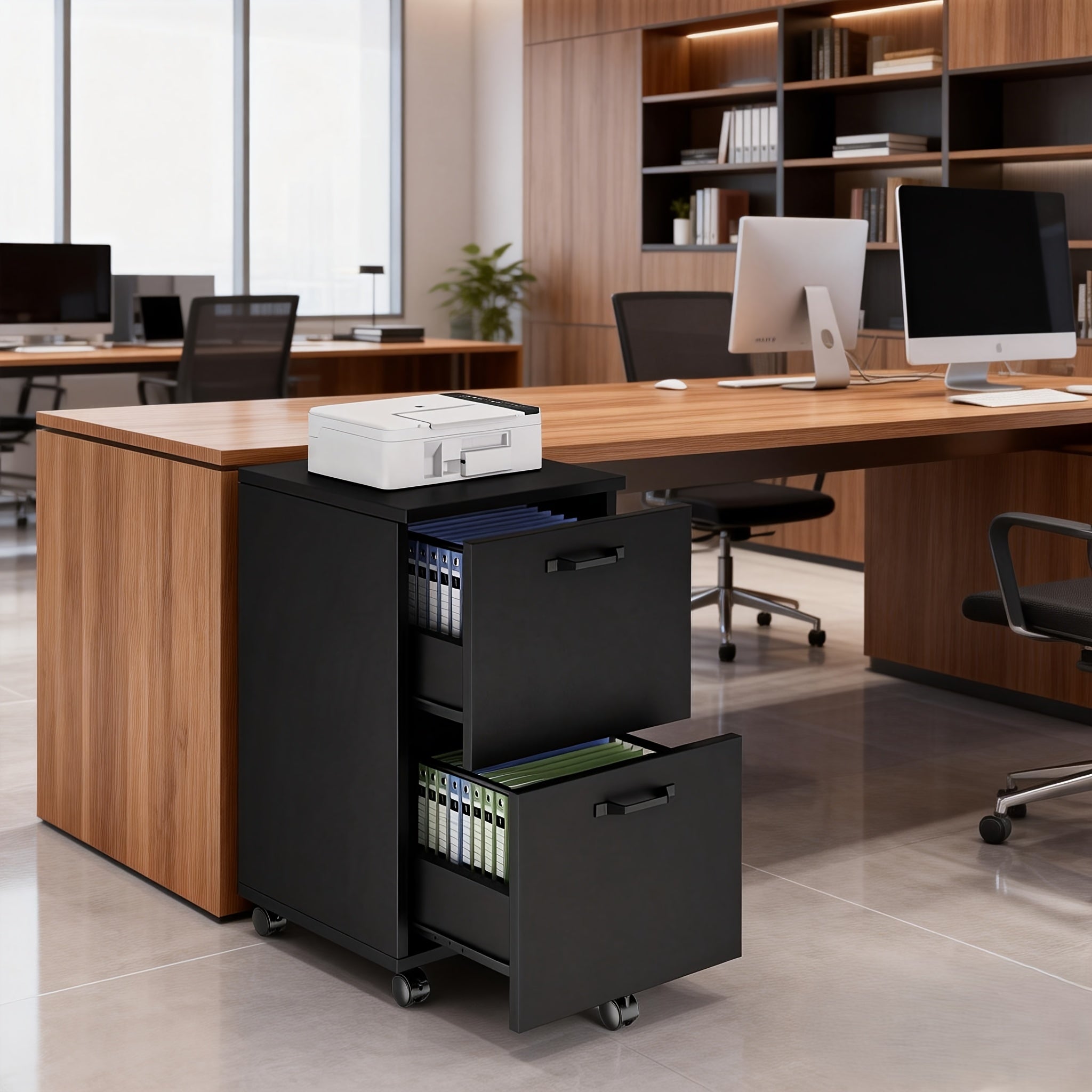 28Inch 2-Drawer Rolling File Cabinet with Lockable Wheels - Mobile Wooden Printer Stand & Under Desk Storage Organizer for A4, Letter, And Legal Size Documents, White Black