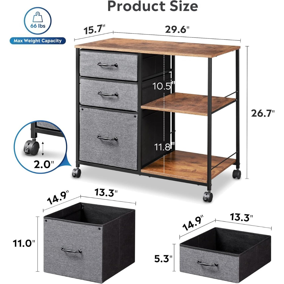 3 Drawer Mobile File Cabinet | Rolling Printer Stand with Open Storage Shelf, Fabric Lateral Filing Cabinet, Fits A4 or Letter Size, Espresso End, for Home Office